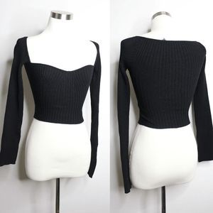 UO Black Knit Long Sleeve Sweetheart Top - XS